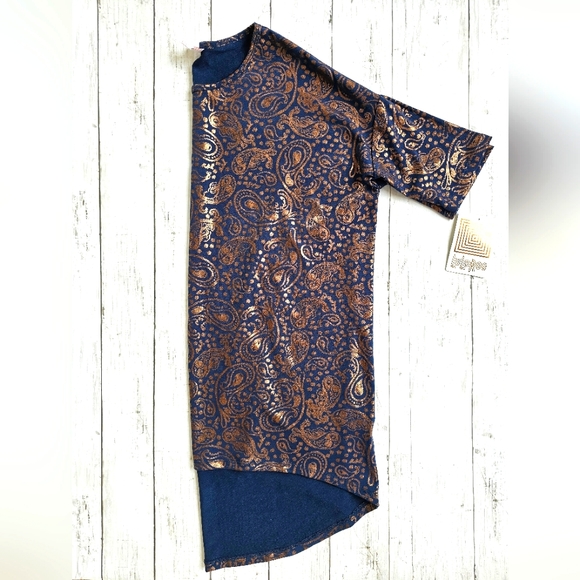 NEW Elegant Lularoe Navy Blue & Gold Shimmer Shiny Irma Paisley Print Stretchy - Picture 5 of 8